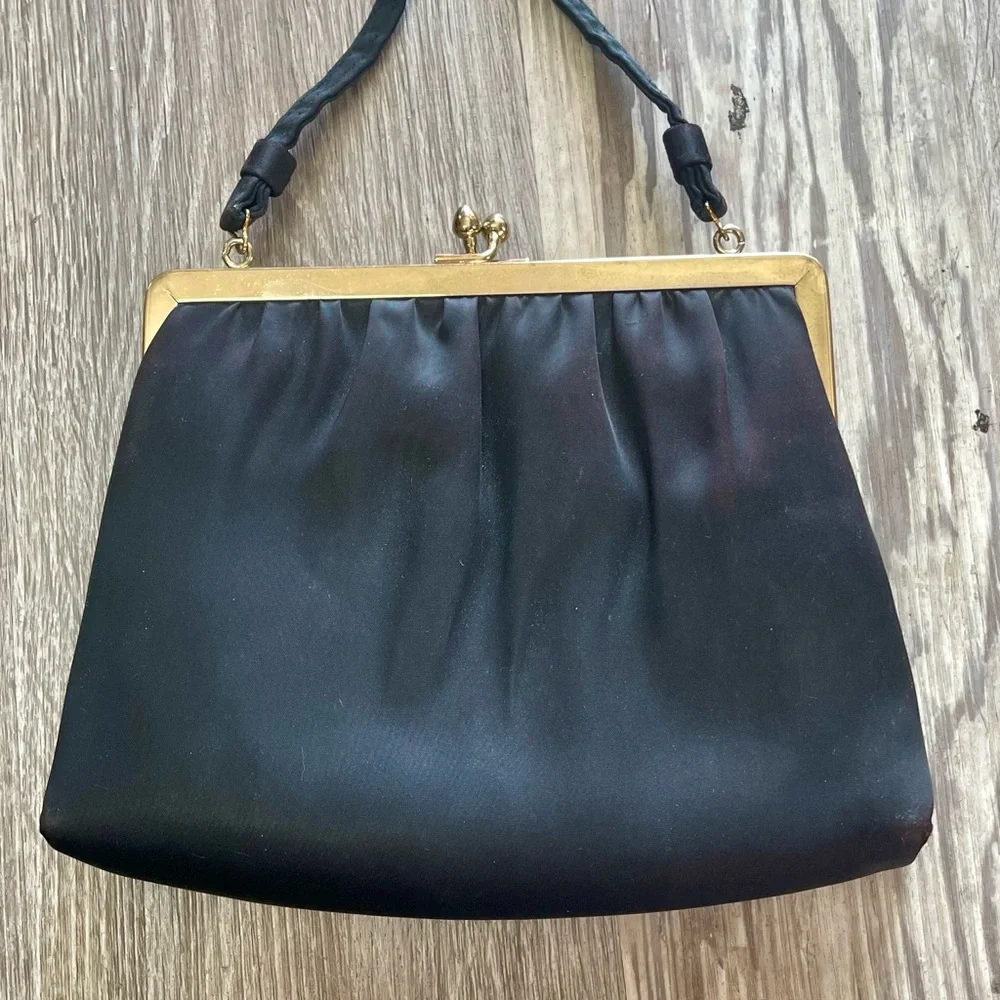 Vintage 60s Ande Black Satin Evening Bag + Tortoise Shell Style Clasp Purse - Picture 9 of 16